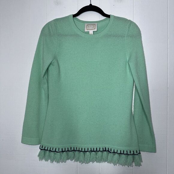 Sail To Sable STS Women’s 100% Cashmere Sweater Fringe Trim Mint Green Size XS - Picture 1 of 6